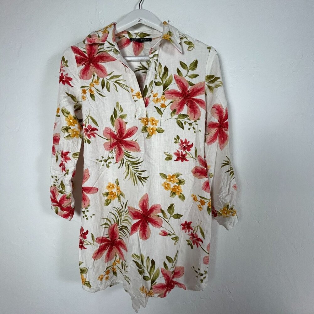 Boston Proper Women Linen Blend Floral Popover Tunic Top/Dress XS White Multi